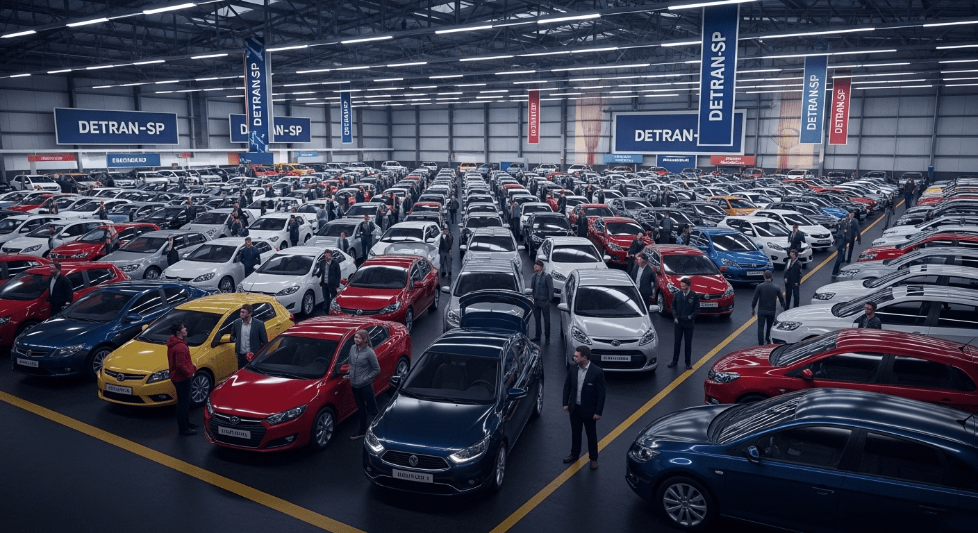A bustling auction scene at Detran-SP showcasing a variety of 2,000 vehicles lined up for bidding, with bidders engaged in the process, surrounded by bright banners and clear signage. Photorealistic, 4K, HDR, cinematic lighting, ultra detailed, award-winning photography, studio shot, vibrant colors.