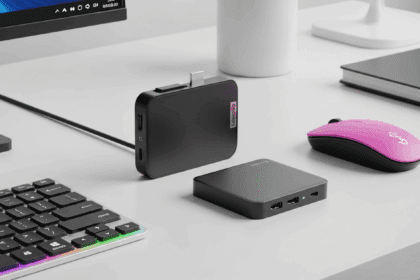 A dynamic and sleek product display featuring the Lenovo Ideacentre Stick 300 as a modern mini PC shaped like a USB flash drive, set on a clean, professional workspace highlighting its innovative design and technology. No texts on scene. Keywords: photorealistic style, high resolution, 4k details, HDR, cinematic lighting, professional photography, studio lighting, vibrant colors.