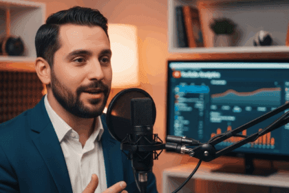 A close-up shot of a confident man speaking into a microphone in a well-lit studio, with a computer screen displaying YouTube statistics in the background, surrounded by vibrant colors and soft-focus lighting, photorealistic, 4K, HDR, cinematic lighting, ultra detailed, award-winning photography, studio shot.