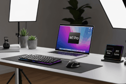 A sleek and modern workspace showcasing the Apple MacBook Pro with M1 Pro and Max chips prominently displayed on a stylish desk, surrounded by high-end accessories and an inviting atmosphere, capturing the essence of premium technology. no texts on scene. Keywords: photorealistic style, high resolution, 4k details, HDR, cinematic lighting, professional photography, studio lighting, vibrant colors.
