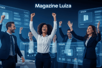 A dynamic business scene depicting a bustling e-commerce environment with representatives from Magazine Luiza celebrating a strategic acquisition, surrounded by digital screens displaying stock and product information. No texts on scene. Keywords: photorealistic style, high resolution, 4k details, HDR, cinematic lighting, professional photography, studio lighting, vibrant colors.