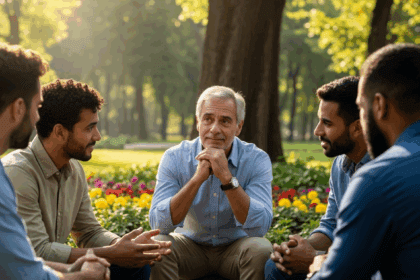 A poignant scene depicting a father, Marcello Antony, seated thoughtfully in a sunlit park, sharing emotional experiences with friends about the challenges of raising a son living with HIV, revealing mutual support and understanding in a serene environment. no texts on scene. photorealistic style, high resolution, 4k details, HDR, cinematic lighting, professional photography, studio lighting, vibrant colors.