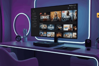 A sleek, modern workspace showcasing a high-tech streaming device with vibrant screens displaying diverse media content, surrounded by dynamic lighting and futuristic decor. No texts on scene. Keywords: photorealistic style, high resolution, 4k details, HDR, cinematic lighting, professional photography, studio lighting, vibrant colors.