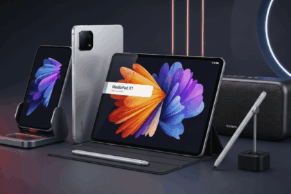 A sleek and modern visual showcase of a Huawei MediaPad X1, seamlessly blending tablet and smartphone features, surrounded by luxurious tech accessories in an elegantly lit environment. No texts on scene. Keywords: photorealistic style, high resolution, 4k details, HDR, cinematic lighting, professional photography, studio lighting, vibrant colors.