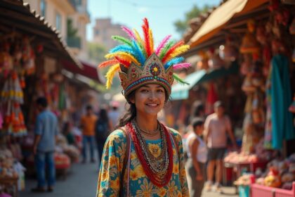 A bustling street market in Belo Horizonte filled with colorful Carnival accessories like masks, beads, and festive hats, surrounded by vibrant decorations and cheerful people shopping, photorealistic, 4K, HDR, cinematic lighting, ultra detailed, award-winning photography, studio shot, vibrant colors.