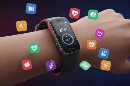 A sleek and modern Microsoft Band displayed on a wrist against a vibrant background featuring health and fitness icons, illustrating its wearable technology for health monitoring. no texts on scene. Keywords: photorealistic style, high resolution, 4k details, HDR, cinematic lighting, professional photography, studio lighting, vibrant colors.