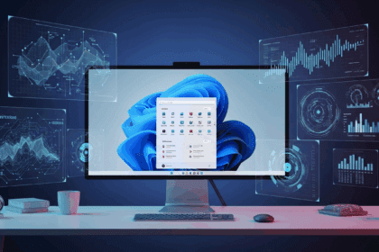 A promotional scene showcasing a modern workspace with a sleek computer screen displaying the Windows 11 24H2 interface, surrounded by digital elements representing innovation and technology. No texts on scene. Keywords: photorealistic style, high resolution, 4k details, HDR, cinematic lighting, professional photography, studio lighting, vibrant colors.
