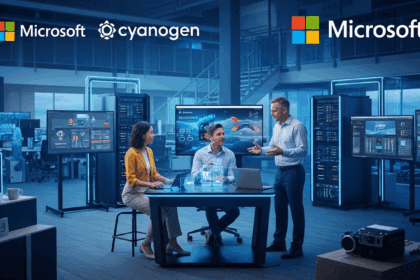 A dynamic tech partnership scene capturing Microsoft and Cyanogen executives discussing collaboration opportunities in a sleek, modern office space filled with digital devices and holographic displays. No texts on scene. Keywords: photorealistic style, high resolution, 4k details, HDR, cinematic lighting, professional photography, studio lighting, vibrant colors.