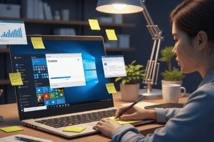A visual representation of a digital workspace where a stressed professional encounters a slow-loading OneNote application on a Windows 10 interface, surrounded by cluttered reminders and digital notes. no texts on scene. Keywords: photorealistic style, high resolution, 4k details, HDR, cinematic lighting, professional photography, studio lighting, vibrant colors.