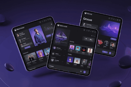 A visualização apresenta uma modernização elegante de uma plataforma de streaming musical, com elementos interativos e gráficos dinâmicos, simbolizando a transição do Xbox Music para Groove, em um ambiente digital vibrante. no texts on scene. photorealistic style, high resolution, 4k details, HDR, cinematic lighting, professional photography, studio lighting, vibrant colors.