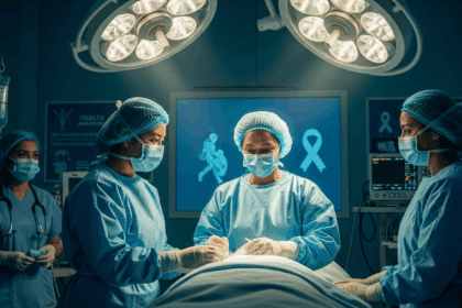 A somber scene unfolds in a healthcare setting, featuring medical professionals in protective gear attending to a patient under bright lights, with images of health awareness surrounding them. no texts on scene. Keywords: photorealistic style, high resolution, 4k details, HDR, cinematic lighting, professional photography, studio lighting, vibrant colors.