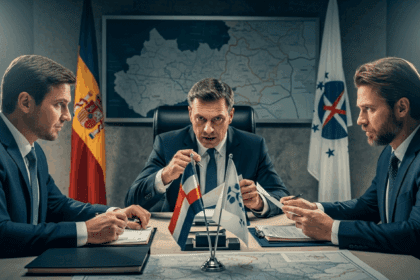 A dramatic scene depicting a high-stakes meeting in a modern government office, showcasing officials engaged in a serious discussion about extradition, with intense expressions and official documents on the table, surrounded by symbolic elements like flags and a map, all in a professional atmosphere. no texts on scene. high resolution, 4k details, HDR, cinematic lighting, professional photography, studio lighting, vibrant colors.