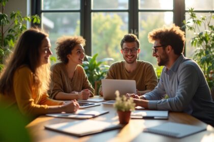 A diverse group of young entrepreneurs collaborating in a modern coworking space, discussing ideas with laptops and notepads around a wooden table, sunlight streaming through large windows, vibrant green plants in the background, photorealistic, 4K, HDR, cinematic lighting, ultra detailed, award-winning photography, studio shot, vibrant colors.