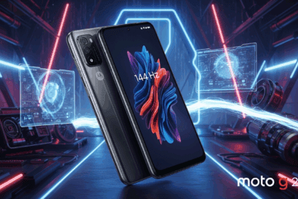 A futuristic scene showcasing the Moto G200 smartphone with a sleek design, displaying a vibrant 144 Hz screen while set against a backdrop of high-tech elements and dynamic movement to indicate its advanced performance capabilities. No texts on scene. Keywords: photorealistic style, high resolution, 4k details, HDR, cinematic lighting, professional photography, studio lighting, vibrant colors.