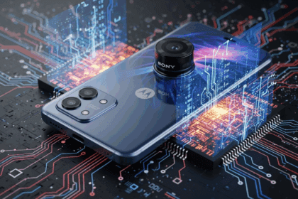 A vivid scene showcasing the sleek Moto G75 smartphone with a prominent Sony camera lens, surrounded by visual elements symbolizing innovation and technology, like circuit designs and digital patterns, all in a modern, dynamic setting. no texts on scene. photorealistic style, high resolution, 4k details, HDR, cinematic lighting, professional photography, studio lighting, vibrant colors.