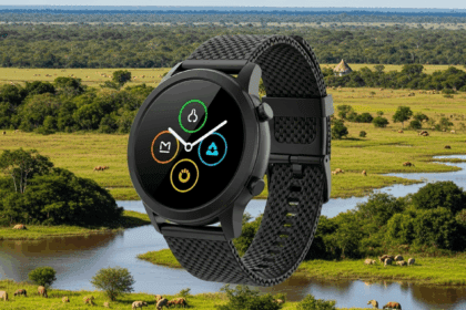 A sleek, futuristic smartwatch displayed against a backdrop of vibrant Brazilian landscapes, showcasing its innovative features and design elements. no texts on scene. Keywords: photorealistic style, high resolution, 4k details, HDR, cinematic lighting, professional photography, studio lighting, vibrant colors.
