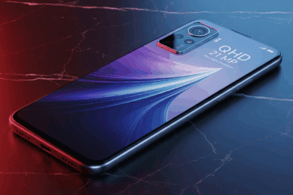 A sleek, modern smartphone featuring a vibrant QHD display and a stunning 21 MP camera, elegantly placed on a sleek surface with dynamic lighting to showcase its high-tech design. no texts on scene. photorealistic style, high resolution, 4k details, HDR, cinematic lighting, professional photography, studio lighting, vibrant colors.