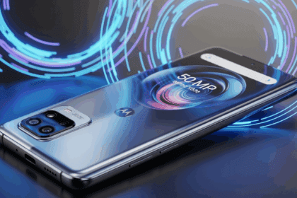 A cutting-edge smartphone, the Motorola Edge X30, is glimmering on a sleek surface with its 50 MP camera prominently featured, surrounded by futuristic digital elements symbolizing Android 12. no texts on scene. Keywords: photorealistic style, high resolution, 4k details, HDR, cinematic lighting, professional photography, studio lighting, vibrant colors.