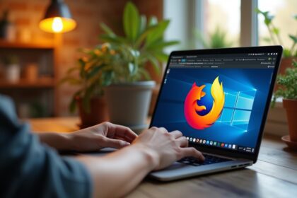 A close-up view of a person using a laptop with the Firefox browser open, showcasing its interface and features, with a backdrop of a cozy workspace filled with plants and natural light, photorealistic, 4K, HDR, cinematic lighting, ultra detailed, award-winning photography, studio shot, vibrant colors.