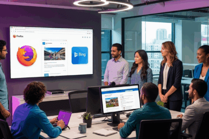 A modern office scene depicting a diverse group of professionals discussing a digital presentation featuring web browsers, with elements representing Firefox and Bing subtly integrated into the environment. no texts on scene. Keywords: photorealistic style, high resolution, 4k details, HDR, cinematic lighting, professional photography, studio lighting, vibrant colors.