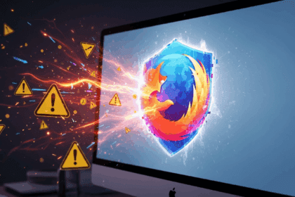 A dramatic scene depicting a computer screen with the Firefox logo as a digital shield, surrounded by flashing warning signs and glitch effects, symbolizing the deactivation of Flash due to security vulnerabilities. No texts on scene. Keywords: photorealistic style, high resolution, 4k details, HDR, cinematic lighting, professional photography, studio lighting, vibrant colors.