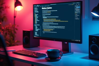 A close-up view of a modern computer workstation displaying a Windows Server update screen, with detailed interface elements and vibrant colors, featuring a cup of coffee and a notepad beside the monitor, photorealistic, 4K, HDR, cinematic lighting, ultra detailed, award-winning photography, studio shot, vibrant colors.