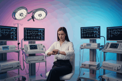 A woman sits in a modern medical office, surrounded by high-tech equipment and multiple ECG monitors displaying heart rhythms, reflecting a sense of anxiety as she checks her smartwatch, with a backdrop of calming colors and soft lighting to contrast the tension. No texts on scene. Keywords: photorealistic style, high resolution, 4k details, HDR, cinematic lighting, professional photography, studio lighting, vibrant colors.