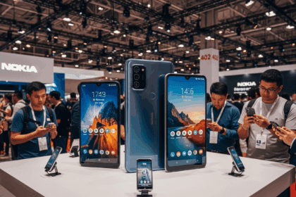 A dynamic event scene showcasing the launch of three new Nokia smartphones, highlighting their sleek designs and features amidst a vibrant tech expo atmosphere with people excitedly interacting with the devices. no texts on scene. Keywords: photorealistic style, high resolution, 4k details, HDR, cinematic lighting, professional photography, studio lighting, vibrant colors.
