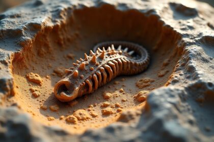 A close-up view of a dinosaur fossil embedded in rock, showcasing intricate details of the bones and textures, illuminated with soft natural light, photorealistic, 4K, HDR, ultra detailed, award-winning photography.