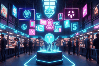 A vibrant digital marketplace bustling with users exploring a vast array of NFTs from Ethereum and Solana, illuminated by neon lights and dynamic displays, reminiscent of a bustling modern bazaar. no texts on scene. photorealistic style, high resolution, 4k details, HDR, cinematic lighting, professional photography, studio lighting, vibrant colors.