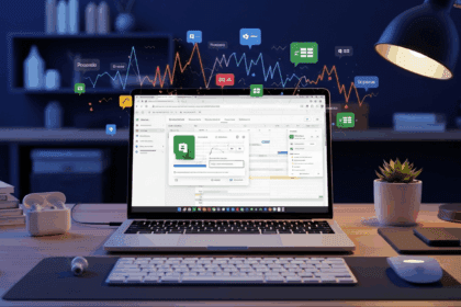A modern digital workspace showcasing a sleek Google Sheets interface with dynamic formula suggestions visualized above a glowing, high-tech laptop, surrounded by an organized environment filled with smart office equipment. no texts on scene. photorealistic style, high resolution, 4k details, HDR, cinematic lighting, professional photography, studio lighting, vibrant colors.