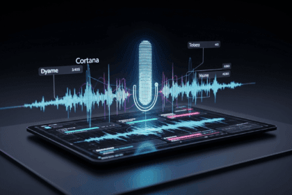 A futuristic and sleek digital interface showcasing a holographic representation of a voice assistant, illustrating the inner workings of Cortana with dynamic audio waves and vibrant data visualizations against a dark tech-inspired backdrop. no texts on scene. Keywords: photorealistic style, high resolution, 4k details, HDR, cinematic lighting, professional photography, studio lighting, vibrant colors.