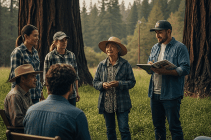A serene landscape depicting a group of diverse farmers in a lush green field, surrounded by trees, as they discuss the recent support measures after forest fires, showcasing a hopeful and collaborative atmosphere. no texts on scene. powerful and safe quality keywords: photorealistic style, high resolution, 4k details, HDR, cinematic lighting, professional photography, studio lighting, vibrant colors.