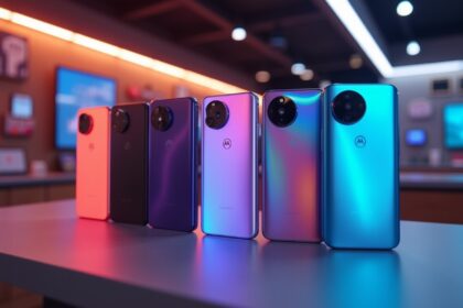 A collection of new Motorola smartphones displayed on a sleek table in a modern tech store, with vibrant colors and soft lighting highlighting their features, photorealistic, 4K, HDR, cinematic lighting, ultra detailed, award-winning photography, studio shot.