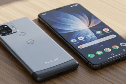A sleek Motorola Razr 60 and an Edge 60 smartphone displayed on a wooden table, showcasing their elegant designs and vibrant screens under soft natural light, photorealistic, 4K, HDR, ultra detailed, award-winning photography.