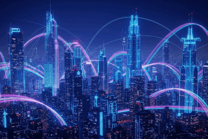 A vibrant digital landscape featuring a futuristic city skyline with advanced telecommunications technology, reflecting Nubank's innovative approach and exploration of new frontiers in the telecom sector, with glowing data streams and network connections illuminating the scene. no texts on scene. Keywords: photorealistic style, high resolution, 4k details, HDR, cinematic lighting, professional photography, studio lighting, vibrant colors.