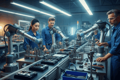 A busy tech factory floor with robotic arms assembling electronic devices, workers observing the process, and tools scattered around, photorealistic, 4K, HDR, cinematic lighting, ultra detailed, award-winning photography, studio shot, vibrant colors.