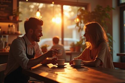 A cozy cafe setting with soft ambient music playing, showing a barista serving coffee to a happy couple at a wooden table, warm sunlight filtering through the window, vibrant colors, photorealistic, 4K, HDR, cinematic lighting, ultra detailed, award-winning photography.