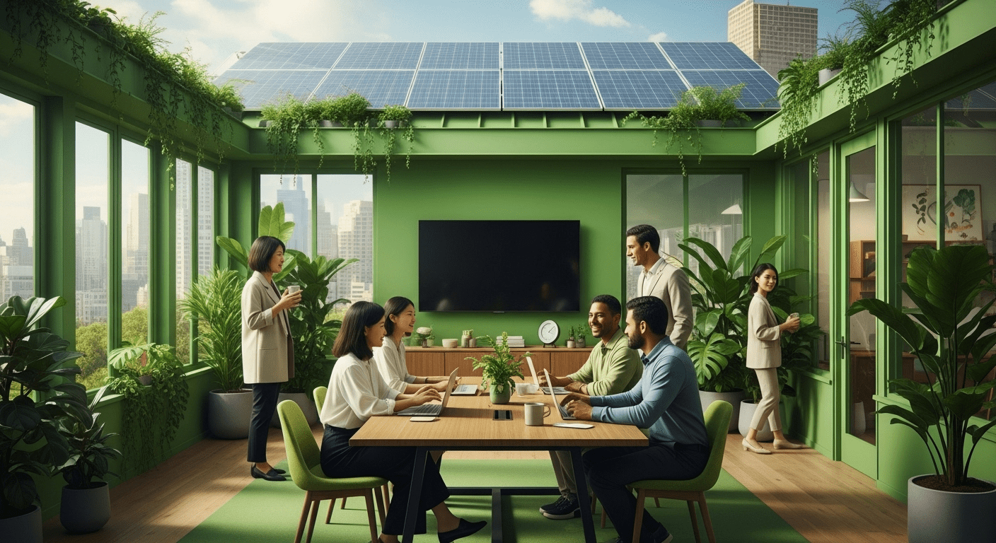 A vibrant green business office with plants, solar panels on the roof, and employees collaborating around a table, emphasizing eco-friendly practices and sustainability, photorealistic, 4K, HDR, cinematic lighting, ultra detailed, award-winning photography, studio shot, vibrant colors.