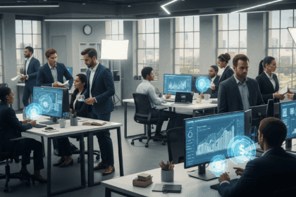 A dynamic and modern office environment where diverse professionals are collaborating on innovative projects, with visuals of digital graphs and financial symbols representing financial incentives driving their creativity. No texts on scene. Keywords: photorealistic style, high resolution, 4k details, HDR, cinematic lighting, professional photography, studio lighting, vibrant colors.
