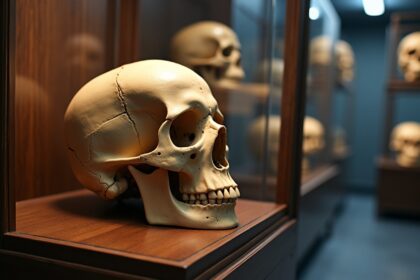 A close-up of an articulate human skull displayed in a museum setting, with soft lighting highlighting its intricate details, surrounded by a dark wooden display case, photorealistic, 4K, HDR, cinematic lighting, ultra detailed, award-winning photography, studio shot, vibrant colors.