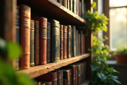 A close-up of a vintage bookshelf filled with classic literature books, softly lit by warm sunlight filtering through a nearby window, surrounded by lush green plants for a serene atmosphere, photorealistic, 4K, HDR, cinematic lighting, ultra detailed, award-winning photography, studio shot, vibrant colors.