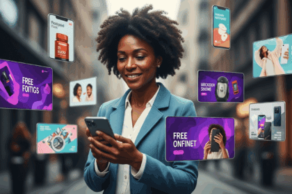 A modern digital landscape shows a user holding a smartphone, surrounded by floating advertisement panels depicting various products, while enjoying free mobile internet access in a vibrant city environment. no texts on scene. Keywords: photorealistic style, high resolution, 4k details, HDR, cinematic lighting, professional photography, studio lighting, vibrant colors.