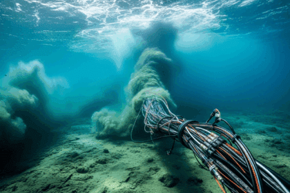 A dramatic underwater scene depicting a submarine cable system surrounded by turbulent ocean currents, showcasing the risks faced by internet cables due to climate change and oceanic activity. no texts on scene. photorealistic style, high resolution, 4k details, HDR, cinematic lighting, professional photography, studio lighting, vibrant colors.