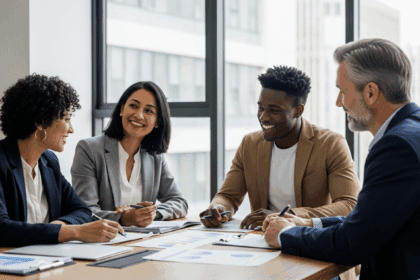 A modern office setting with a collaborative meeting room featuring professionals discussing plans, a large window allowing natural light to fill the space, and documents showcasing partnership strategies on a table, photorealistic, 4K, HDR, cinematic lighting, ultra detailed, award-winning photography, vibrant colors.