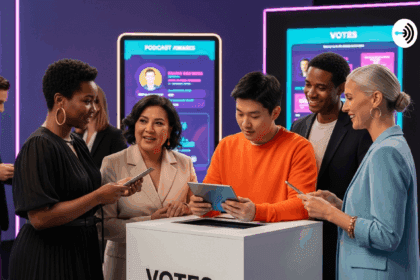 A dynamic scene showcasing a diverse group of people engaged in a lively podcast voting event, surrounded by modern technology and vibrant digital displays, capturing the excitement of participation in a prestigious podcast award. No texts on scene. Keywords: photorealistic style, high resolution, 4k details, HDR, cinematic lighting, professional photography, studio lighting, vibrant colors.