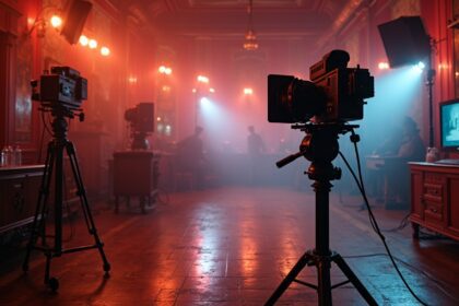 A close-up shot of a vintage film set with classic cameras and lighting equipment, showcasing a beautifully designed, elegant stage with rich colors and intricate details, reflecting an atmosphere of anticipation and creativity. Photorealistic, 4K, HDR, cinematic lighting, ultra detailed, award-winning photography, studio shot, vibrant colors.