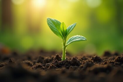 A close-up of a small seedling breaking through the soil, with droplets of water on its leaves, surrounded by soft, natural light filtering through the trees in the background, photorealistic, 4K, HDR, cinematic lighting, ultra detailed, award-winning photography, studio shot, vibrant colors.
