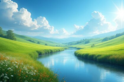 A serene landscape featuring rolling hills under a bright blue sky with fluffy white clouds, and a winding river reflecting the sunlight, surrounded by lush greenery and wildflowers, photorealistic, 4K, HDR, cinematic lighting, ultra detailed, award-winning photography, studio shot, vibrant colors.