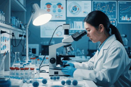 A detailed laboratory setting with a researcher analyzing influenza virus samples under a microscope, surrounded by vials and Petri dishes, with a backdrop of charts showing virus mutations, photorealistic, 4K, HDR, cinematic lighting, ultra detailed, vibrant colors.